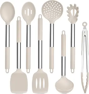 Kitchen Utensils Set of 8,  Utensils Kitchen Tools Set with Stainless Steel Handle, for Frying Serving Flipping Draining,  & Heatproof, Nonstick & Dishwasher Safe - Khaki