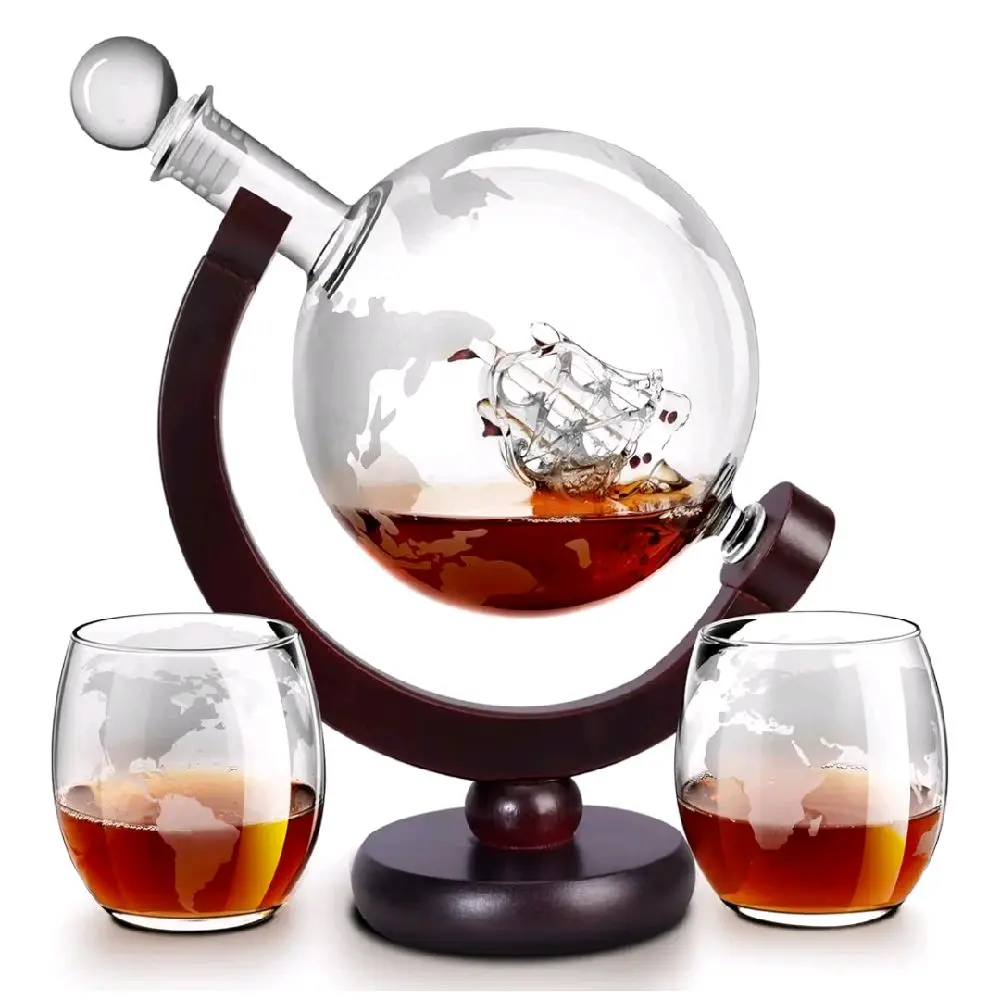 Whiskey Decanter Sets for Men, Whiskey Decanter Globe Set with 2 Etched Globe Whisky Glasses for Liquor, Bourbon, Cocktails, Vodka, Scotch liquor decanter Sets - 850ml
