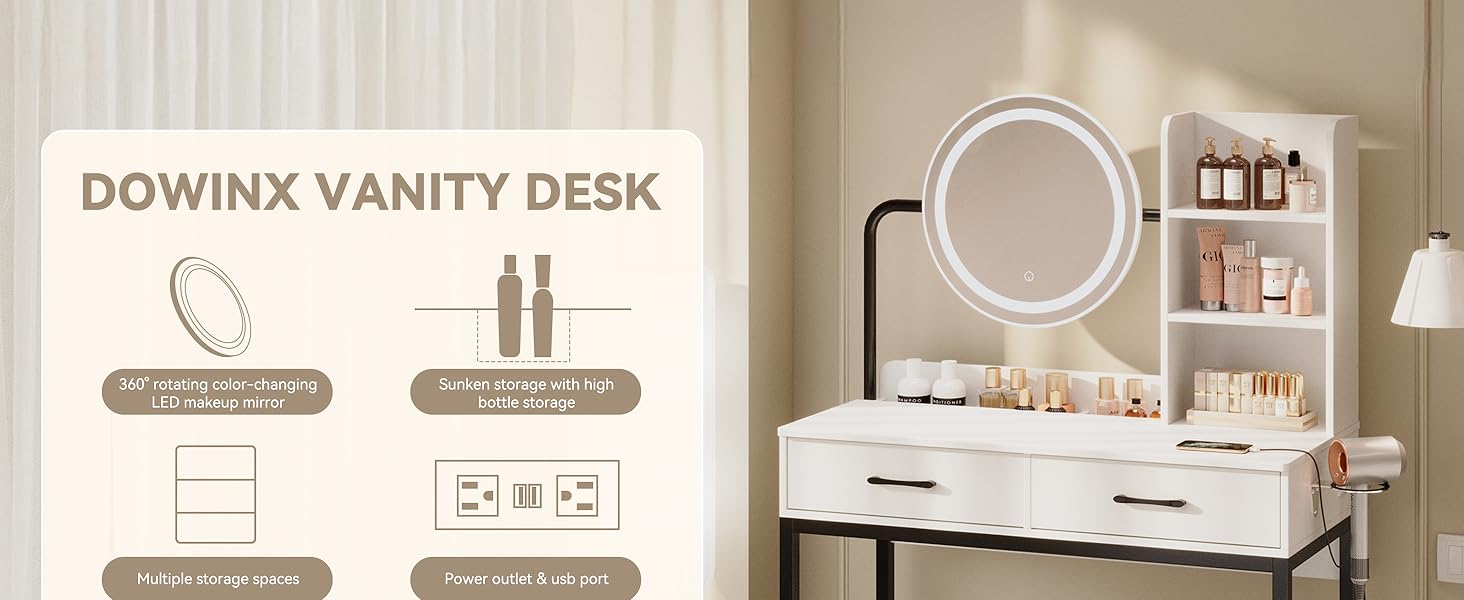 [Summervibes] Vanity Desk with 360° Rotating LED Mirror & Lights, 2 Drawers & 6 Shelves, Dressing Table with Power Outlet & Hair Dryer Holder – Perfect Gift for Her & Bedroom Essential