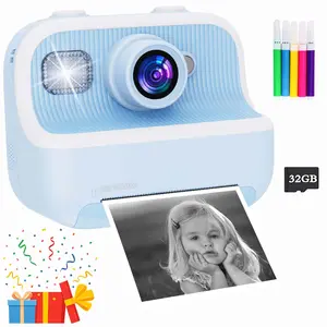 Kids Camera Instant Print, Halloween Christmas Birthday Gifts for 3-12 Year Old Boys & Girls, Selfie Digital Camera with Educational Games, Includes Coloring Pens for DIY Drawing, Portable Travel Camera, with 32GB Card