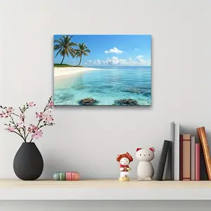 1pc Canvas Art - Tropical Beach Scene with Palm Trees & Clear Blue Sea - Preppy Wooden Frame Wall Decor for Living Room, Bedroom, Kitchen - Indoor/Outdoor Use, Tranquil Beach Theme, Beach Accessories