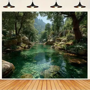 1PC,2D Flat Banner Forest River Scenic Tapestry, Nature Landscape Wall Hanging for Bedroom & Living Room, Fresh Mountain - water Scene Backdrop for Live Streaming, Picnic & Camping Photo Background Cloth