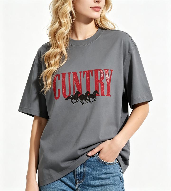 Womens Western Country T Shirt Horses Cowboy Graphic Cotton Oversized Short Sleeve Crew Neck Tee