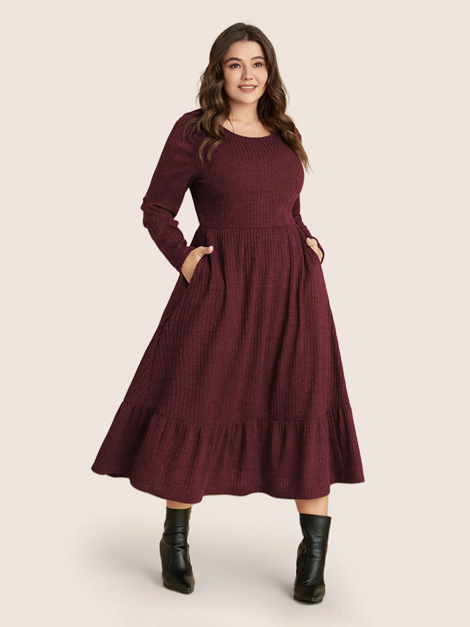 BloomChic Lady's Solid Rib Knit Long Sleeve Round Neck Midi Dress with Side Pockets, Elastane Ribbed Texture, Casual Wear, Mom Target, Affordable Fashion, Sizes 10/M, 14-16/1X, 18-20/2X, 22-24/3X, 26/4X, 28/5X, Burgundy, Girl Mama