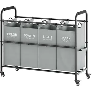 4 Bag Laundry Sorter Cart, 4 Section Laundry Hamper Sorter with Lockable Rolling Wheels, Laundry Separator Hamper with Removable Bags for Dirty Clothes, Grey
