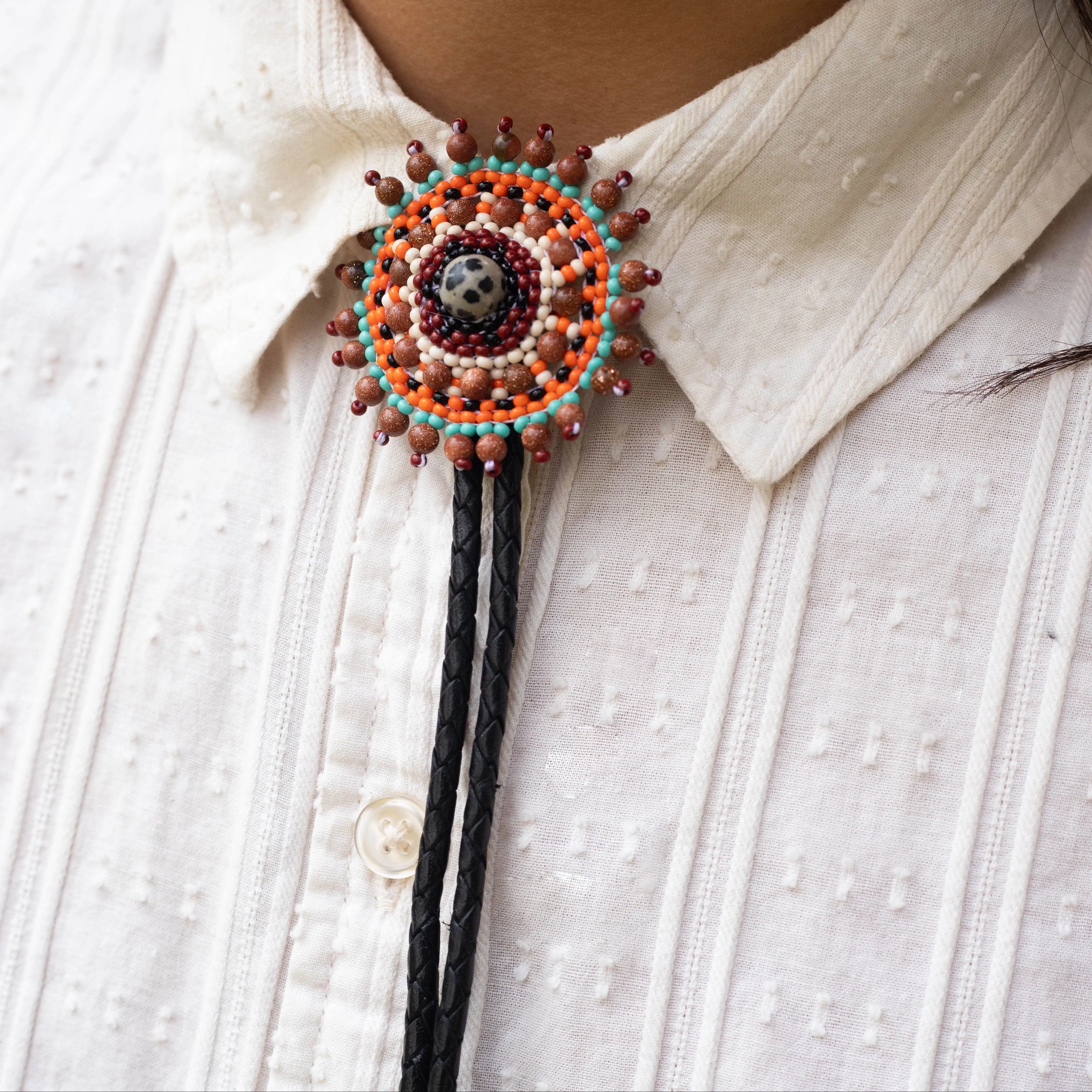Terracotta - Vintage Beaded Bolo Tie - Handmade by Huichol Artisans - Mother Sierra