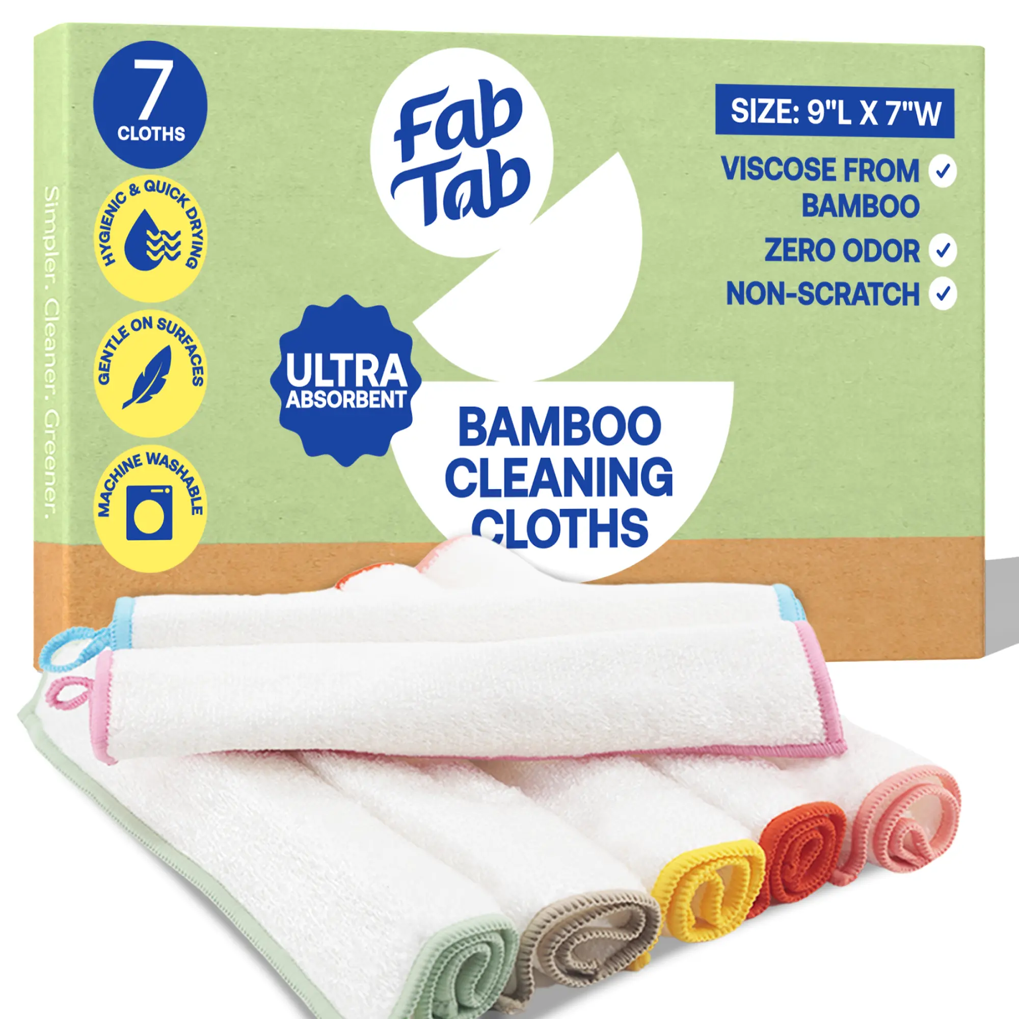 FabTab High-Performance Bamboo Cleaning Cloths - 7 Pack | Reusable & Super Absorbent Towels for Household, Kitchen, and Auto Care | Ideal for Dusting.