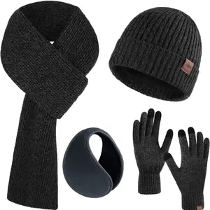 Winter Beanie Hat Set for Men 4 Pieces Knit Glove Scarf Beanie Hat Earmuffs Set for Men Women