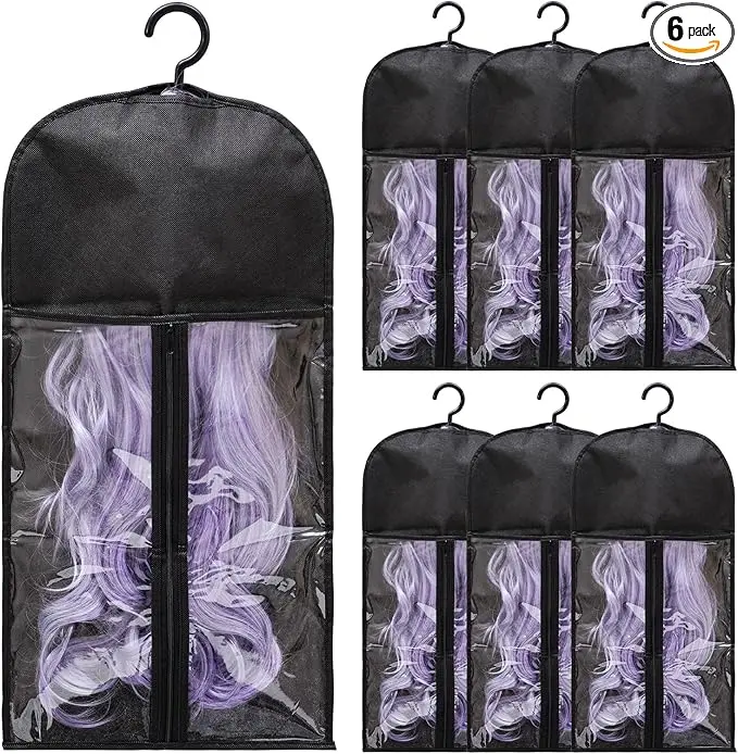 6-Pack Wig Storage Bags with Hangers – Dust-proof organizer for multiple wigs, hair extensions, and accessories. Hook and hang – no more tangles or messy piles. Your closet just got a neat, space‑saving upgrade
