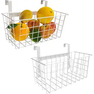 2 Pack White Grid Storage Basket with Hook, Over Cabinet Door Hanging Wire Organizer Basket for Over Railing, Ideal for Kitchen Under Sink Cabinet Pantry Bathroom