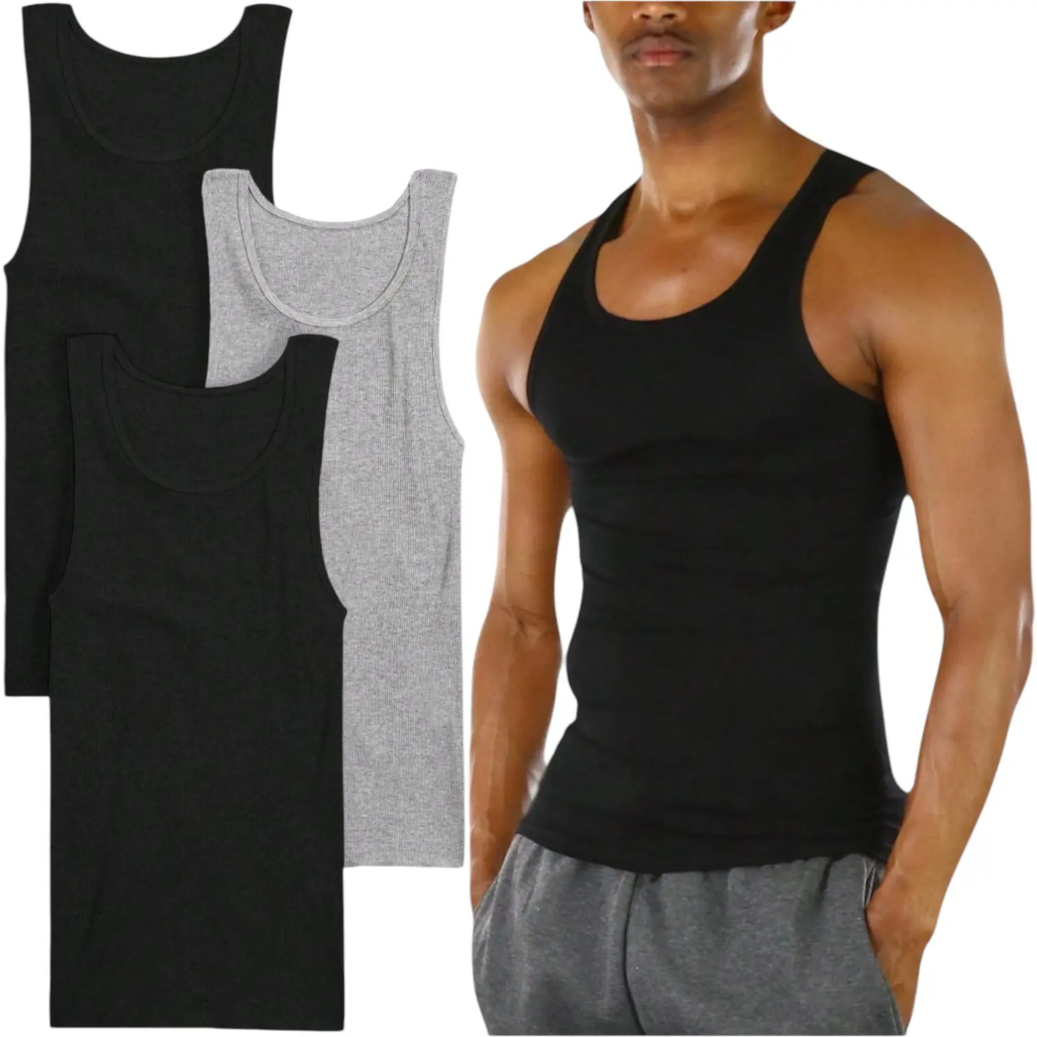 ToBeInStyle Men's Multi-Pack Of Slim Fit Shallow Scoop Neck Sleeveless A-Shirts ToBeInStyle Men's Multi-Pack Of Slim Fit Shallow Scoop Neck Sleeveless A-Shirts