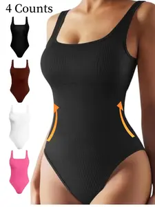 Women's Square Neck Ribbed Crop Top, Sleeveless Bodysuit, Slimming Bodysuit, Casual Comfortable Tummy Control, All-Season Women's Bodysuit