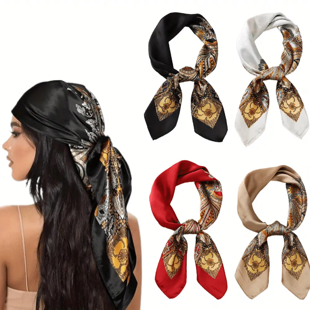 27 Inches Silk Feeling Square Head Scarves - 4PCS Silk Like Neck Scarf Hair Sleeping Wraps Satin Silk Scarfs Headband Bandanas for Women