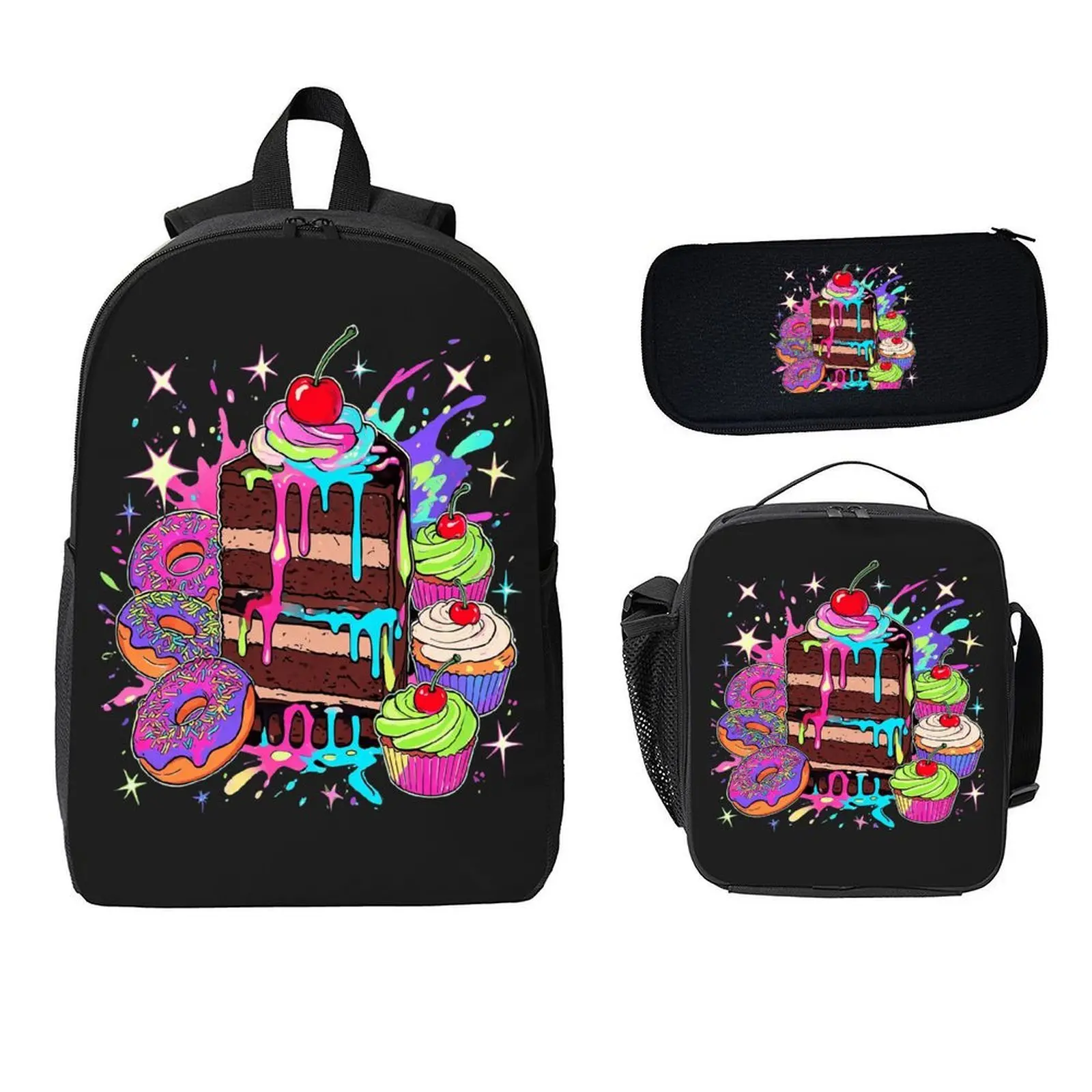 Cute Cake Print Schoolbag Backpack Set 3-Piece Kids School Backpack Lunch Box Pencil Case Schoolbag For Daily Adult  Woman Girls Granddaughter Back To School Gift Supplies Fashionable Pattern Practical Personalized Single-Layer student bookbag