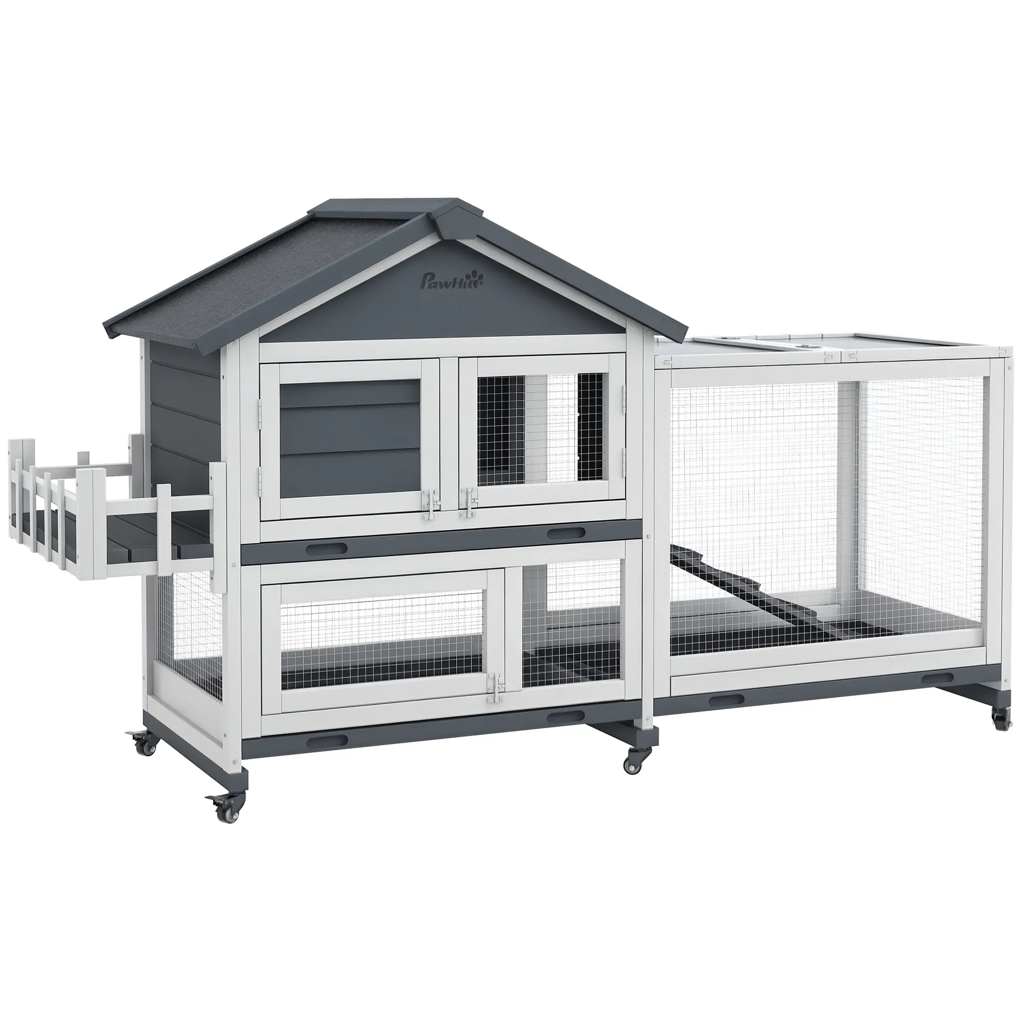 PawHut 65" Wooden Rabbit Hutch, Guinea Pig hutch, Pet Playpen with Openable Roof, Bunny House Enclosure with Wheels, Storage Box, Slide-out Tray, Ramp for Small Animals, Gray