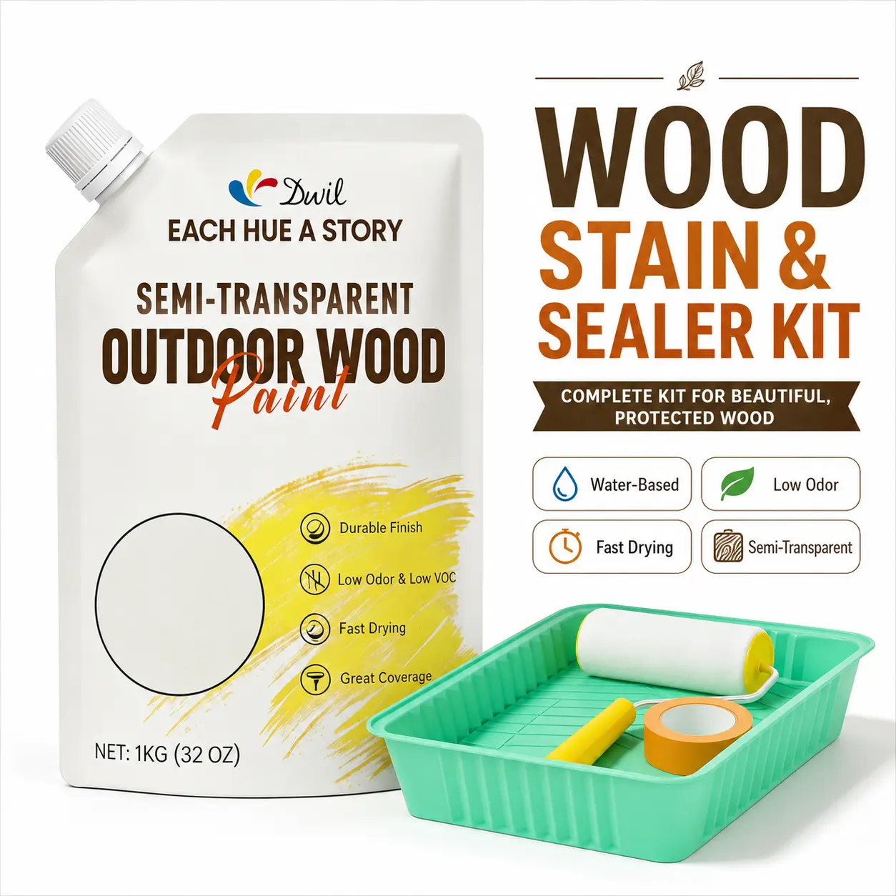 Wood Stain and Sealer Kit, Water-Based Semi-Transparent Outdoor Wood Stain with Tray & Tools, Fast Drying Low Odor Formula for Decks, Fences, Patio Furniture and Wood Projects