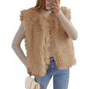 Tankaneo Womens Faux Fur Vest Cropped Sleeveless Warm Winter Shaggy Open Front Outerwear Vest