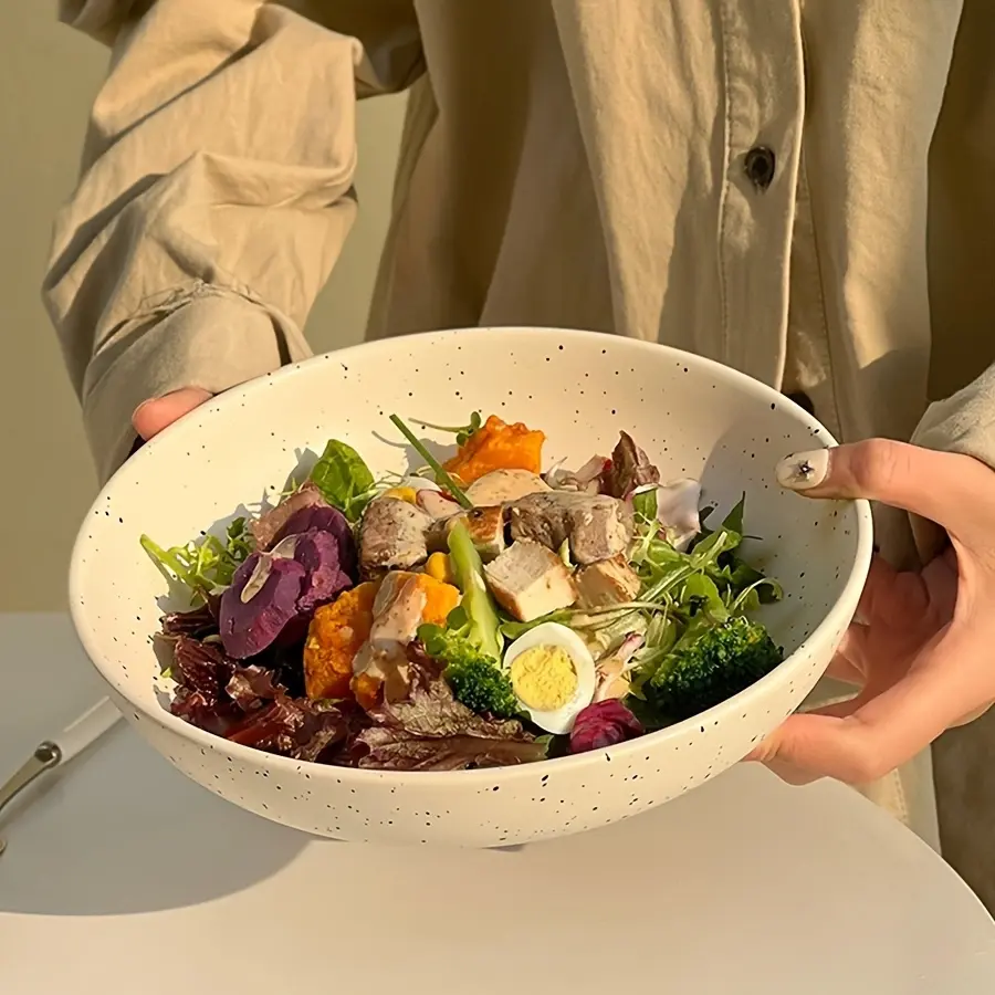 1pc Korean retro big simple sesame point beige splash soup plate salad plate deep plate Turkey noodles household tableware light food high-grade sense