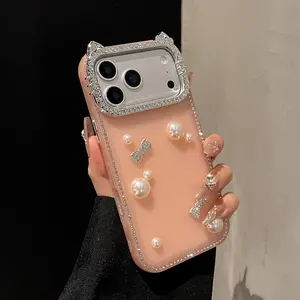 Adorable Cat Ear Bow Pearl Protective Phone Case for iPhone 17 16 15 14 Pro Max 13 Sparkling Rhinestone Phone Case