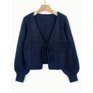 Women's Solid Long Sleeve Tie Front Sweater Cardigan, Casual V Neck Lantern Sleeve Knitwear for Spring, Cardigan for Women, Crochet Top, Cropped Cardigan, Women Back To School Clothing for Daily Wear, Vintage Clothing Fall Outfits