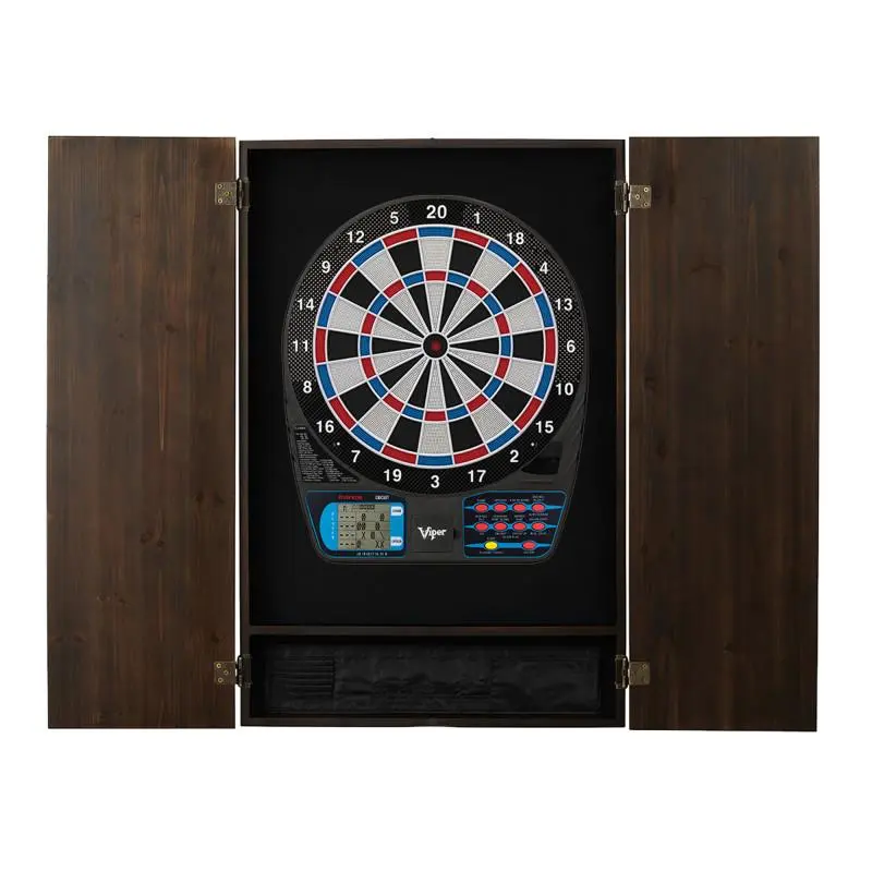 Classic Solid Pine Dartboard Cabinet with Electronic Soft Tip Dartboard, Dual Display Scoreboard, Regulation 15.5" Target Face for Multiplayer Games, Traditional