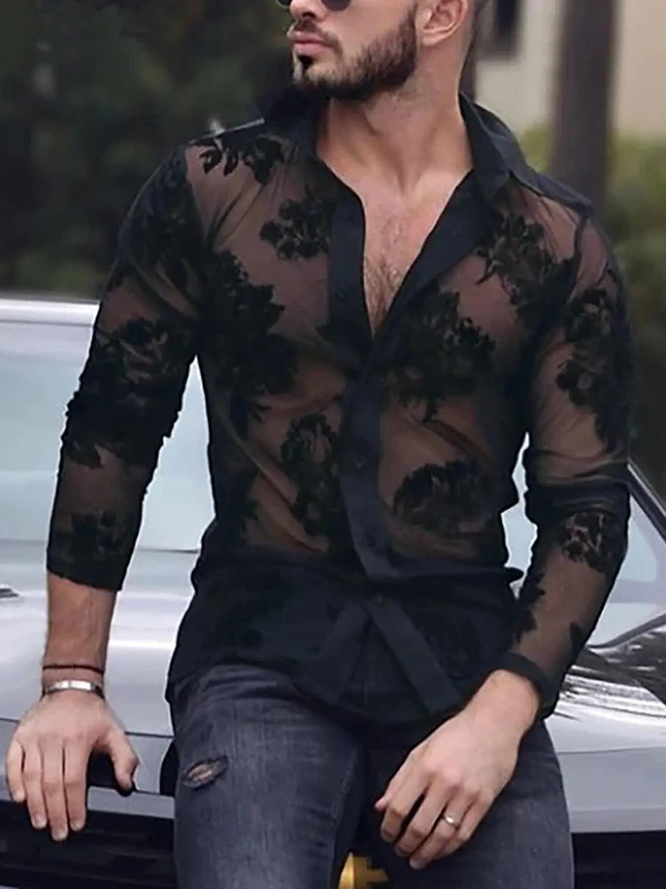Men's Floral Lace Sheer Button Front Shirt, Long Sleeve Collared See Through Top for Party Club Dating, Fashion Men's Clothes for Spring & Fall, Casual Party Shirt