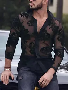 Men's Floral Lace Sheer Button Front Shirt, Long Sleeve Collared See Through Top for Party Club Dating, Fashion Men's Clothes for Spring & Fall, Casual Party Shirt