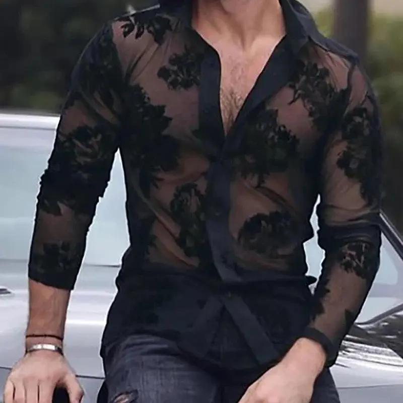 Men's Floral Lace Sheer Button Front Shirt, Long Sleeve Collared See Through Top for Party Club Dating, Fashion Men's Clothes for Spring & Fall, Casual Party Shirt