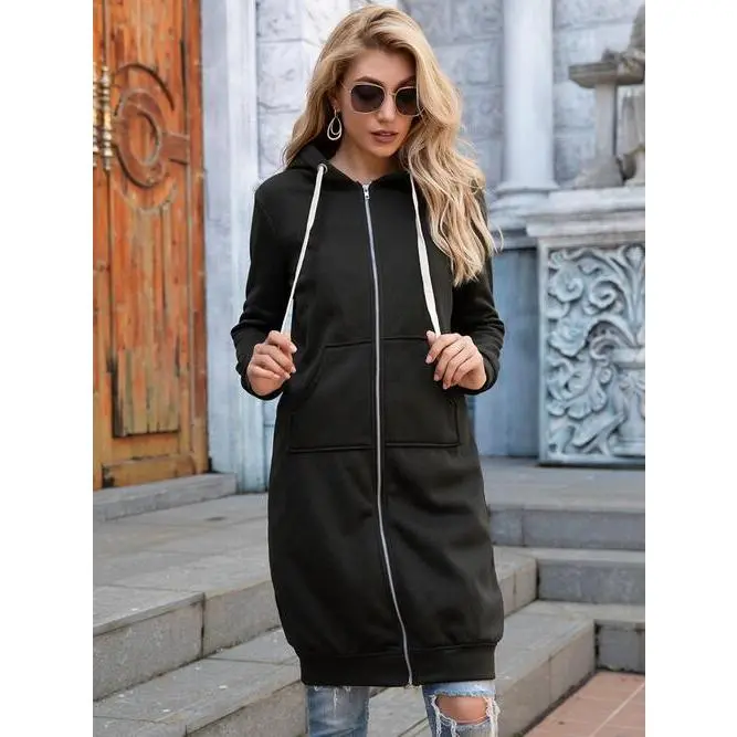 Double Take Full Size Zip-Up Longline Hoodie with Pockets