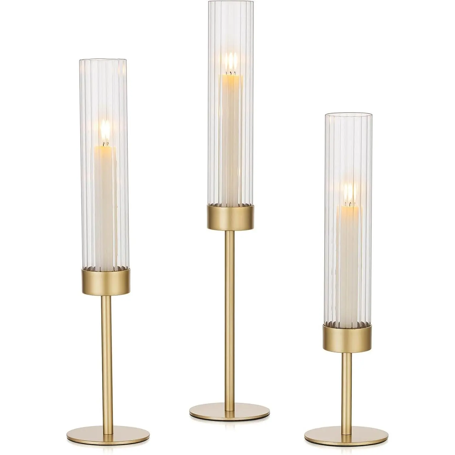 Hurricane Candle Holders: Brass Candlestick Holders Set of 3 Tall Taper Candle Holders for Candlesticks Candle Sticks Holder Decor for Table Centerpiece Wedding Party Christmas Decorations