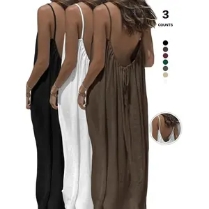 Women's Plain Backless Long Dress Sleepwear, Elegant Sleeveless Loose-Fitting Home Clothes, All Seasons Casual Wear