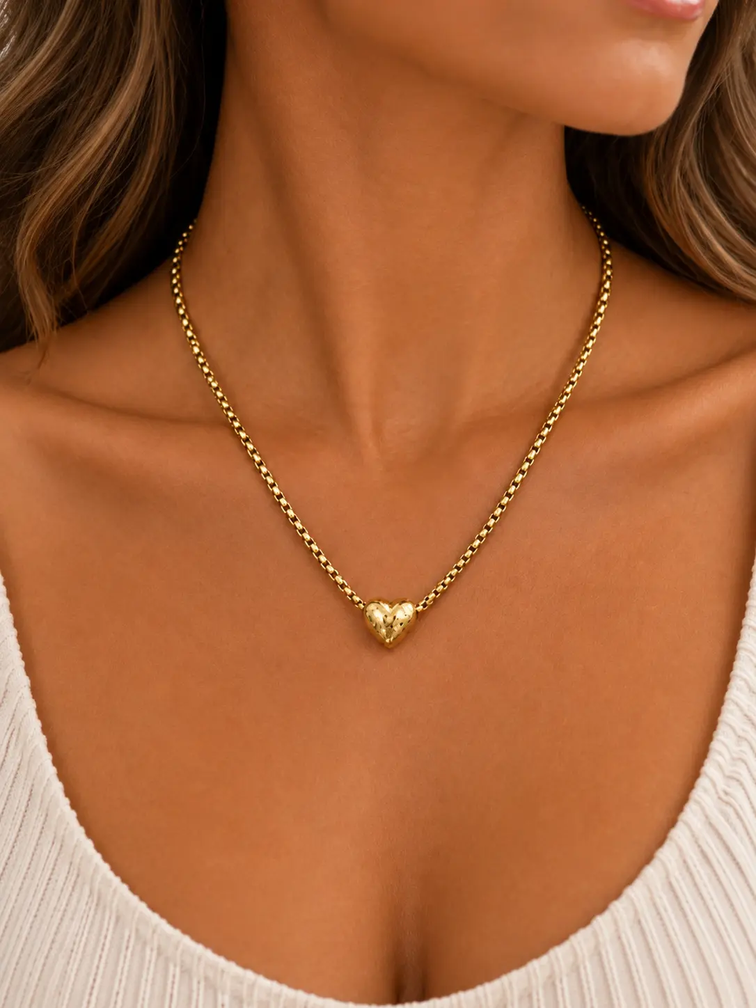 Women's Gold Minimalist Chic Alloy Metal Heart Shape Puffy Hammered Texture Short Length Box Chain Necklace, Adjustable Lobster Clasp Everyday Wear Costume Jewelry Gift