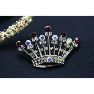 Silver Crystal Crown Jewelry, Unique Fashion Rhinestone Princess Vintage Royal Crown Brooch Lapel Pin Jewelry, Clear & Purple Stone Crown