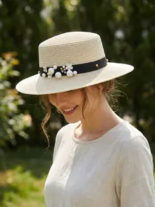 Women's Summer Fashion Loose Fit Hat, Pearl Flower Decoration, Beach Outing Outdoor Sun Protection Sunshade Hat, European and American Style Fedora, Elegant Ladies' Fashion Accessory Hat