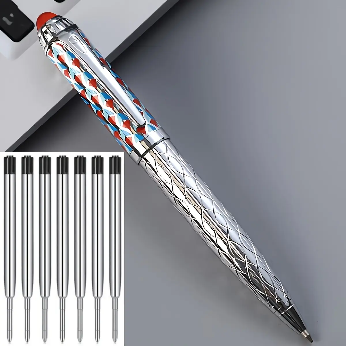 8-piece set: signature pen, ballpoint pen, 0.5 mm tip, high-end quality, refined craftsmanship, stainless steel material, engraved barrel, electroplating process, rotating retractable design; suitable for students, holiday gifts, back-to-school season, bi