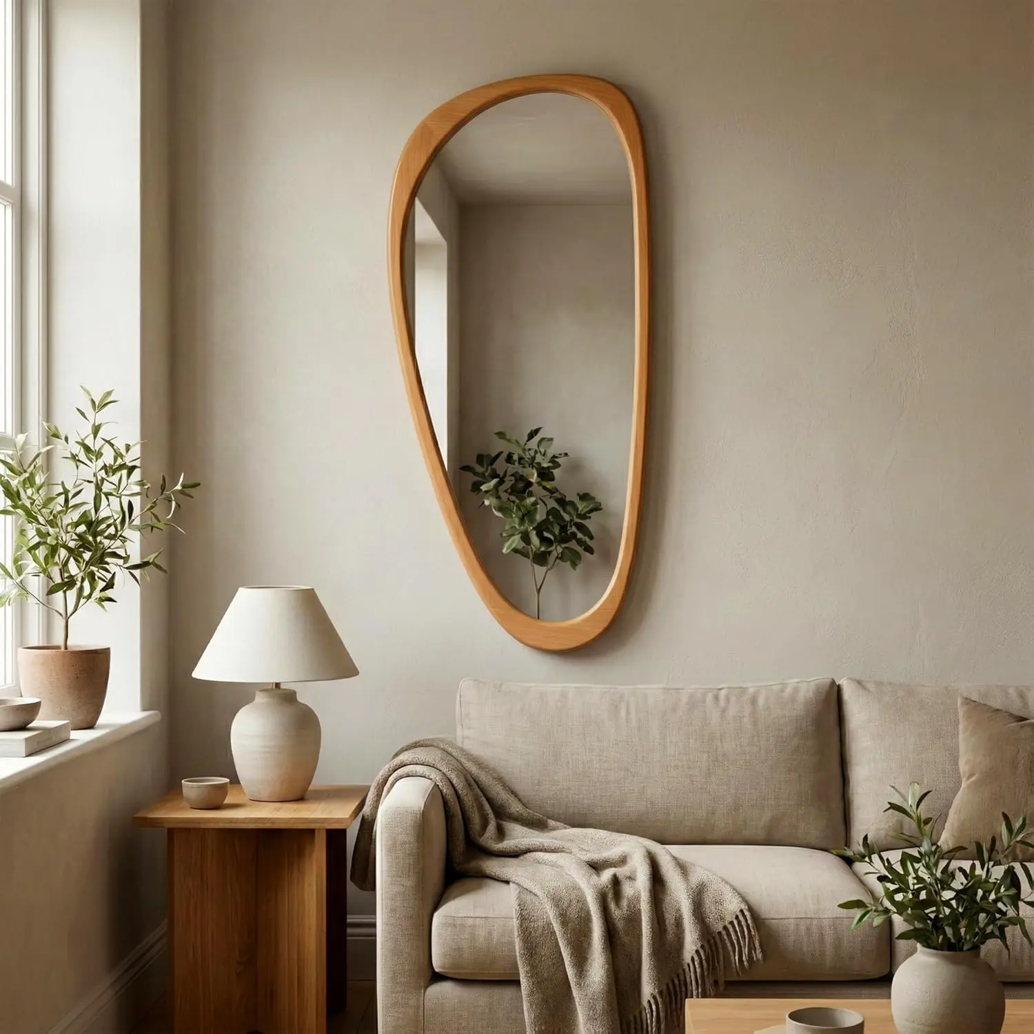 Solid Wood 48"x24" Large Aesthetic Wabi-Sabi Statement Mirror, Warm Walnut Full Length Irregular Mirror, Modern Organic Asymmetrical Wooden Wall-Mounted Mirror for Living Room Bedroom, Honey Walnut
