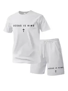 Men’s summer regular-fit cotton short-sleeve T-shirt and shorts set featuring a “Jesus is King” letter print. Fashionable casual menswear for going out, with pockets and an elastic drawstring waist. Two-piece set suitable for running, golf, fishing, baske