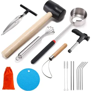 Safe & Easy Open Young & Mature Coconuts, Food Grade Stainless Steel Coconut Opener Tool Kit with Rubber Mallet, Meat Scraper, Straw, Silicone Mat and All-in-one Storage Bag