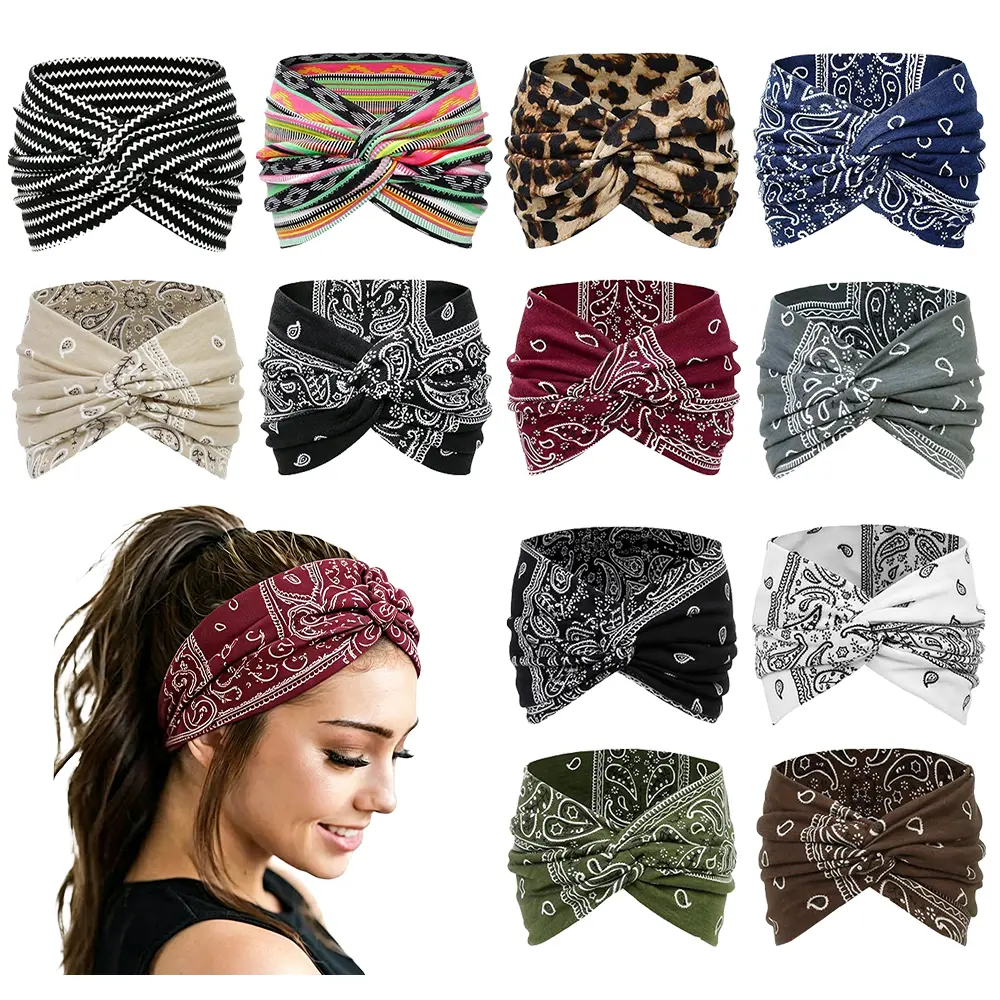 12-Pack Boho Wide Headbands for Women, Stretchy Yoga Workout Hair Wraps