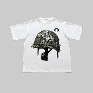 War Helmet Faith Over Fear Graphic Print Cotton T-Shirt, grunge y2k emo scene tapout goth amity affliction style clothes, Unisex T-shirt