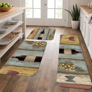 Rustic Vintage Kitchen Mats for Floor, Wine Bottles and Grapes Design Soft Cushioned  Washable Rugs for Kitchen Sinks Laundry Room 3Pcs