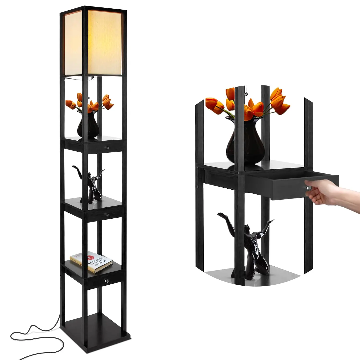 Brightech Maxwell LED Drawer Edition Shelf Floor Lamp - Modern Asian Style Standing Lamp with Soft Diffused Uplight White Shade- Wooden Frame with Open Box Display Shelves & Drawers