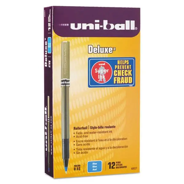 Uni-Ball UBC60027 0.5 mm Micro Blue Ink Metallic Gray Barrel Deluxe Stick Roller Ball Pen - 1 Dozen