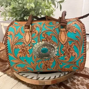 American Darling Tan Tooled Turquoise Floral Embossed Handbag with Concho Detail