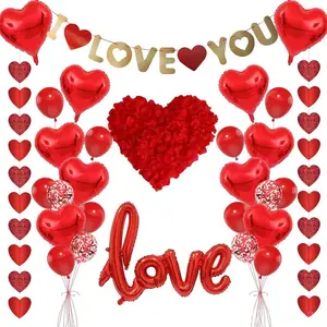 29PCS Valentine's Day Decor Set for 2026-with "I Love You"Pull flag,"LOVE"Balloon,Heart-shaped Petals,Decor for Wedding, Anniversary & Romantic Night Decorations