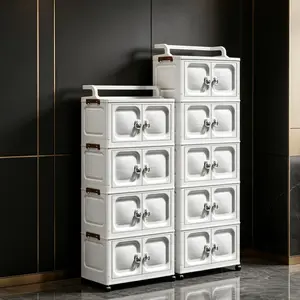 Foldable Stackable Storage Cabinet with Magnetic Double Doors & 360° Lockable Wheels – Collapsible Plastic Organizer, Tool-Free Assembly Rolling Storage Unit for Bedroom, Bathroom, Kitchen & Home Organization, Space-Saving Modular Design