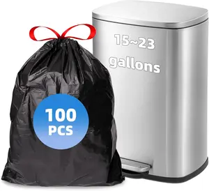 Heavy Duty Kitchen Trash Bags 20Gal Unscented Black with Red Drawstring for Home & Camp 100PCS Durable & Reliable
