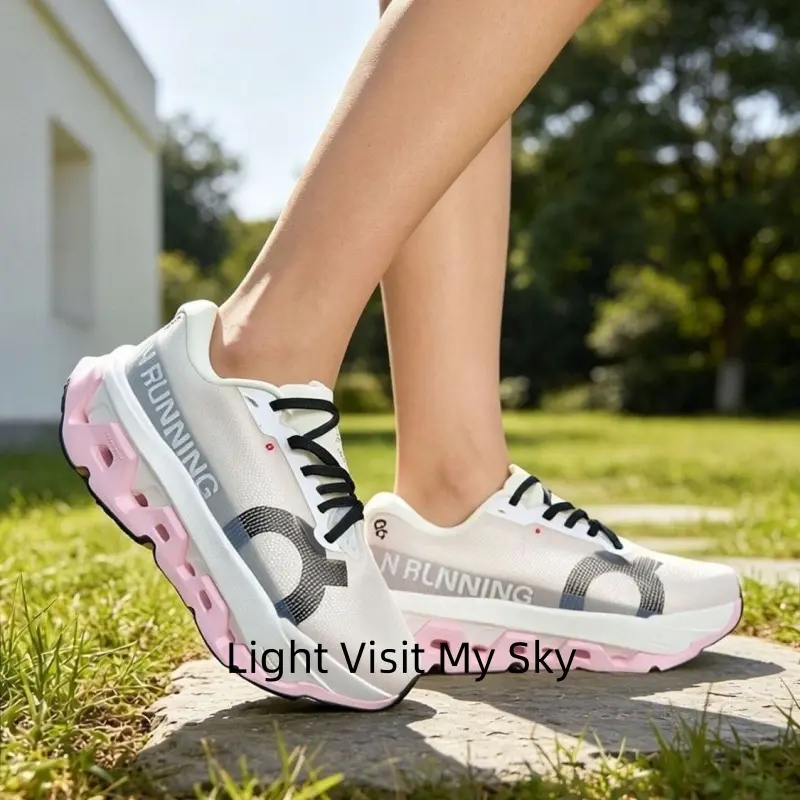 Wave Hollow Cushion Road Running Shoes, Womens Light Breath Mesh Off White Pink Trainers, Rocker Propulsion Thick Shock Absorb Midsole, Ultra Light Long Distance Athletic Jogging Sneakers