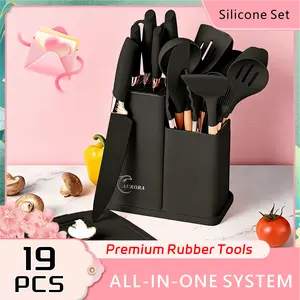 Summer Turn-Up19Pcs Kitchen Knife Set with HeatResistant Silicone Cutlery&Wooden Handles Includes Chef Knife, Non-Stick Compatible Tools, pots pans set Valentine's Day and More Cookware non stick pots and pans Kitchenware Nonstick Ladle Stylish White Pink