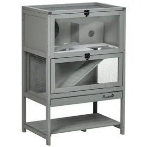 PawHut Wooden Hamster Cage with Storage Shelf, Large Hamster Cage Including Seesaw, Small Animal Cage with Sliding Tray, Wide Ramp for Racing, Running Wheel, 35.5" H